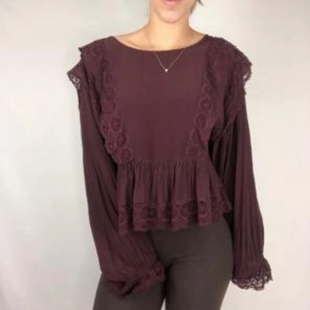 Free‎ People Top Lace Whimsigoth Ruffle Peplum Wine Romantic Oversized Feminine